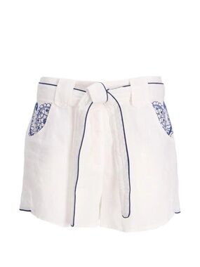 White High-Waist Tie Shorts with Blue Embroidered Pockets